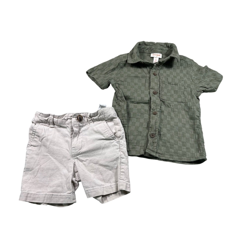 Cat & Jack Toddler Boys 2T Matching Set‎ Olive Button Shirt Linen Blend Shorts